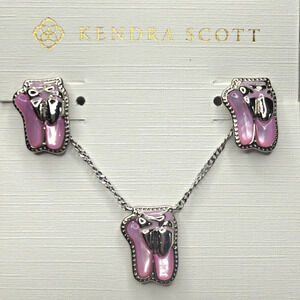 Kendra Scott Ballet Set Pink Pendant Silver Necklace Earrings New Dust Bag